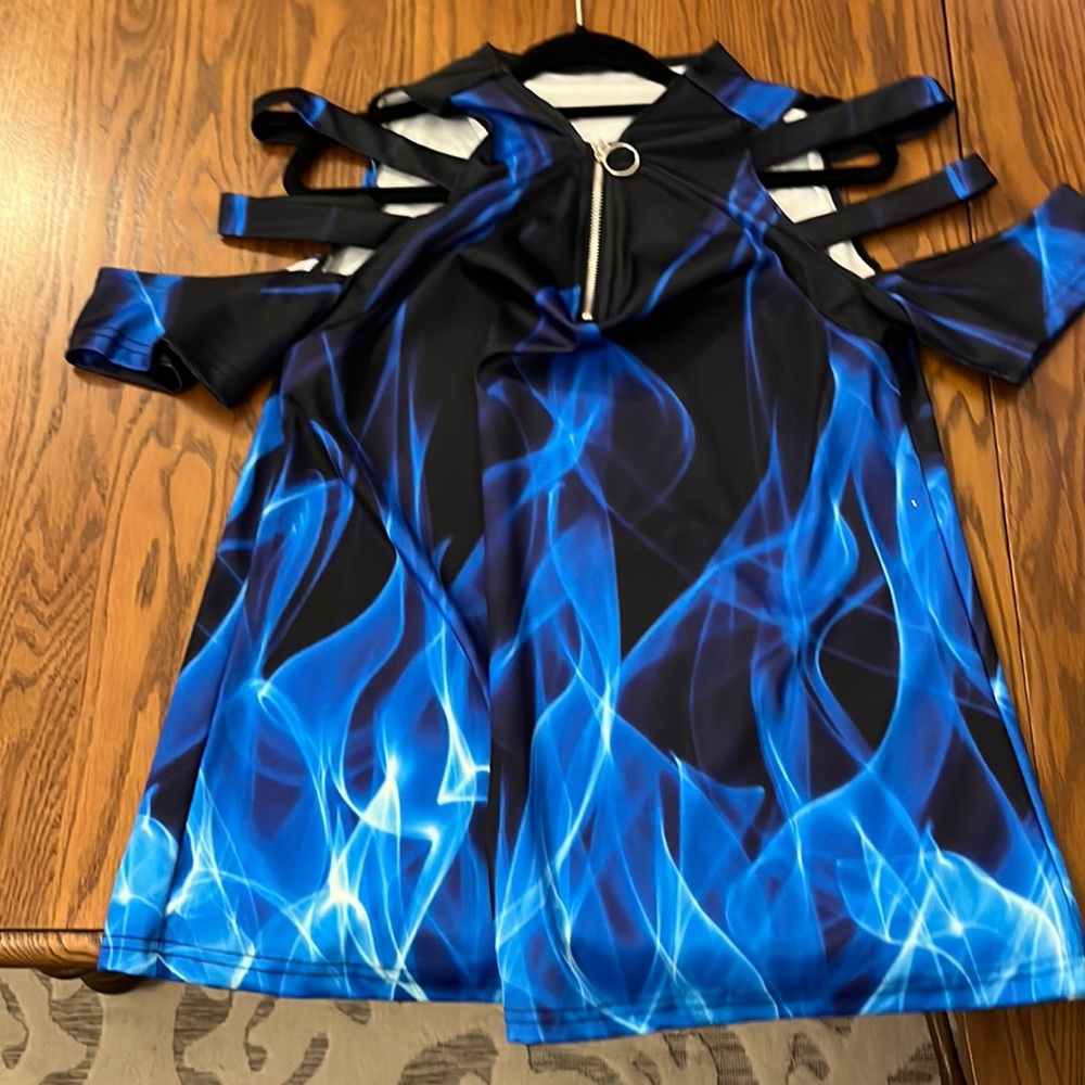 Half zip black dress shirt with blue flames
